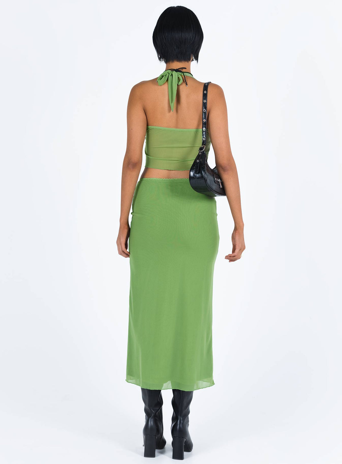 Matching set Mesh material Crop top Halter neck tie Split hem Tie fastening at bust Maxi skirt Low rise Good stretch Partially lined