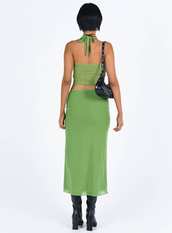 Matching set Mesh material Crop top Halter neck tie Split hem Tie fastening at bust Maxi skirt Low rise Good stretch Partially lined
