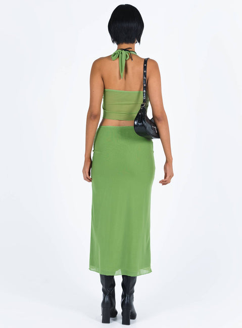 Matching set Mesh material Crop top Halter neck tie Split hem Tie fastening at bust Maxi skirt Low rise Good stretch Partially lined