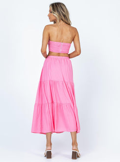 Matching set Crop top Removable shoulder straps  Inner silicone strip at bust  Twisted bust  Shirred back  Zip fastening  High waisted midi skirt  Elasticated waistband  Layered design 