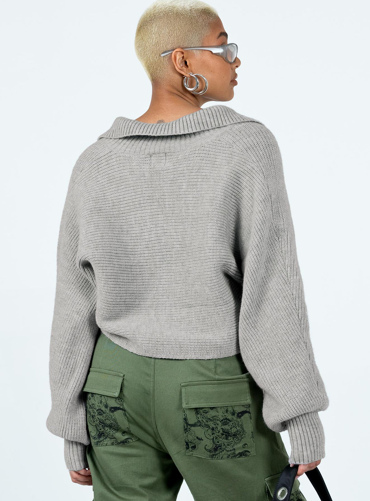 back view of model wearing Princess Polly Tiara Cropped Sweater Grey Cropped Jumpers Jumpers 