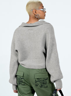 back view of model wearing Princess Polly Tiara Cropped Sweater Grey Cropped Jumpers Jumpers 