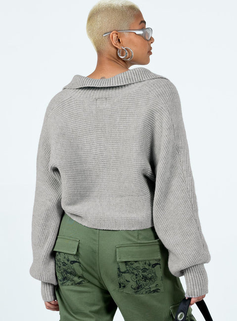 back view of model wearing Princess Polly Tiara Cropped Sweater Grey Cropped Jumpers Jumpers 