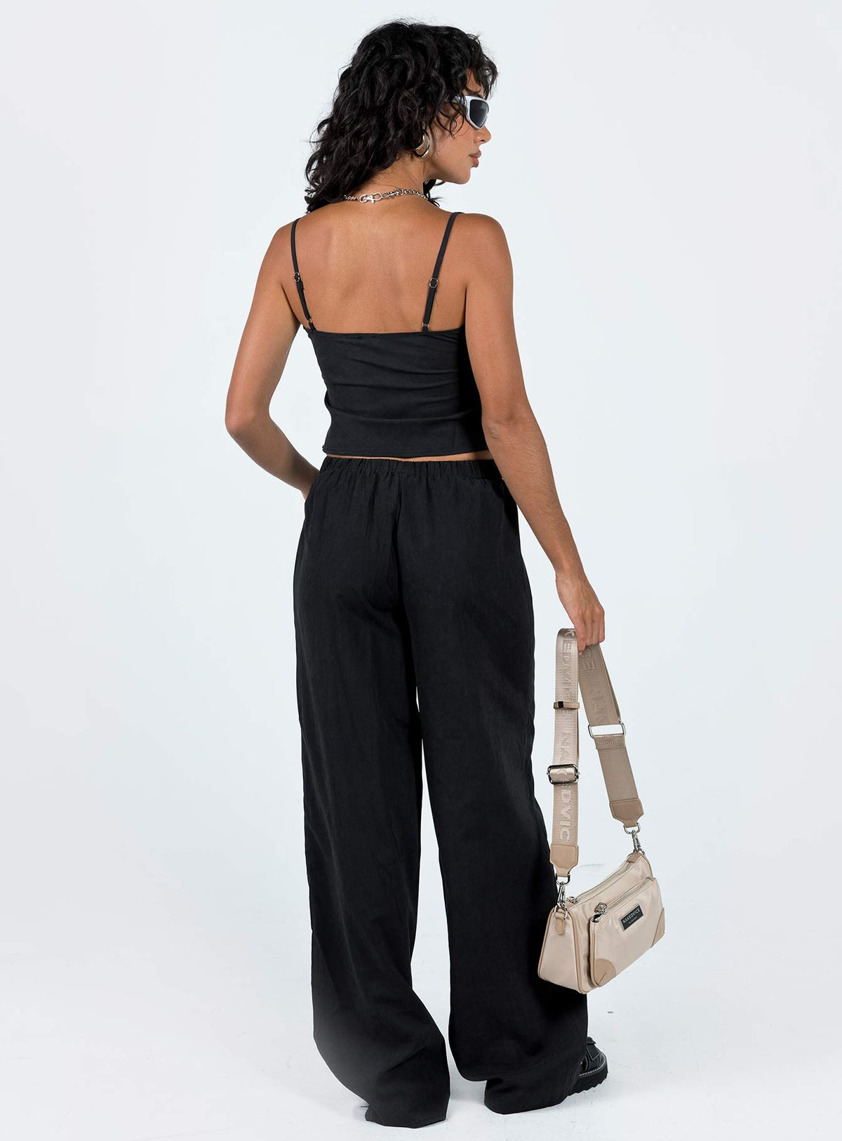 Two piece set Cupro material Adjustable shoulder straps on top Wide leg pants Elasticated waistband with tie fastening
