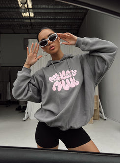 front view of model wearing Princess Polly Princess Polly Hooded Sweatshirt Bubble Text Charcoal / Light Pink Longline Jumpers Jumpers 