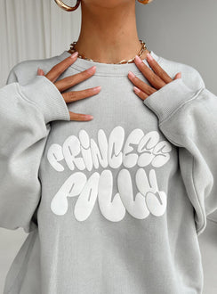 back view of model wearing Princess Polly Princess Polly Crew Neck Sweatshirt Bubble Text Grey / Cloud White Longline Jumpers Jumpers 