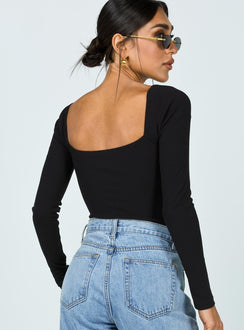 back view of model wearing Princess Polly Charlotte Bodysuit Black Long Sleeve Tops Bodysuit 