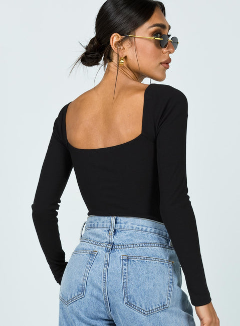back view of model wearing Princess Polly Charlotte Bodysuit Black Long Sleeve Tops Bodysuit 