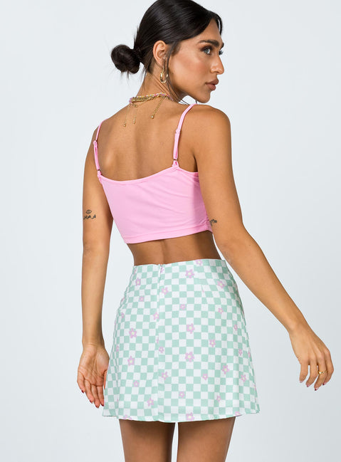 back view of model wearing Princess Polly Selby Mini Skirt Green Floral Check Skirts 