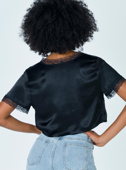 back view of model wearing Princess Polly Vintage Tie Up Top Black 