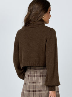 back view of model wearing Princess Polly Zahara Cropped Turtleneck Sweater Brown Cropped Jumpers Jumpers 
