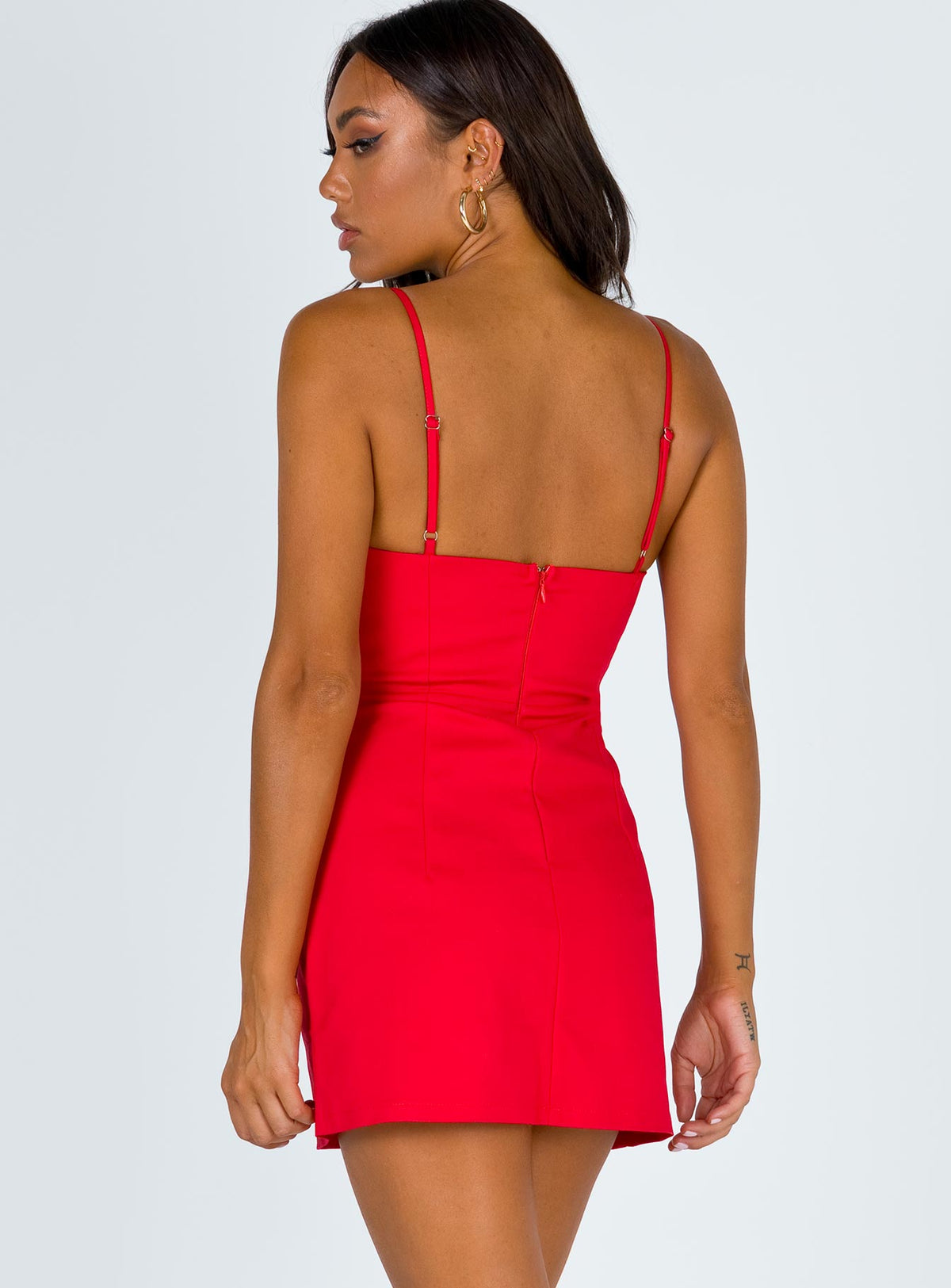 back view of model wearing Princess Polly Novella Mini Dress Red 