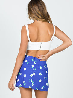 back view of model wearing Princess Polly Selby Mini Skirt Blue Floral Skirts 