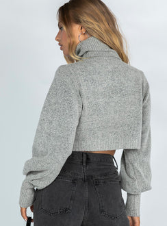 back view of model wearing Princess Polly Zahara Cropped Turtleneck Sweater Grey Jumpers 