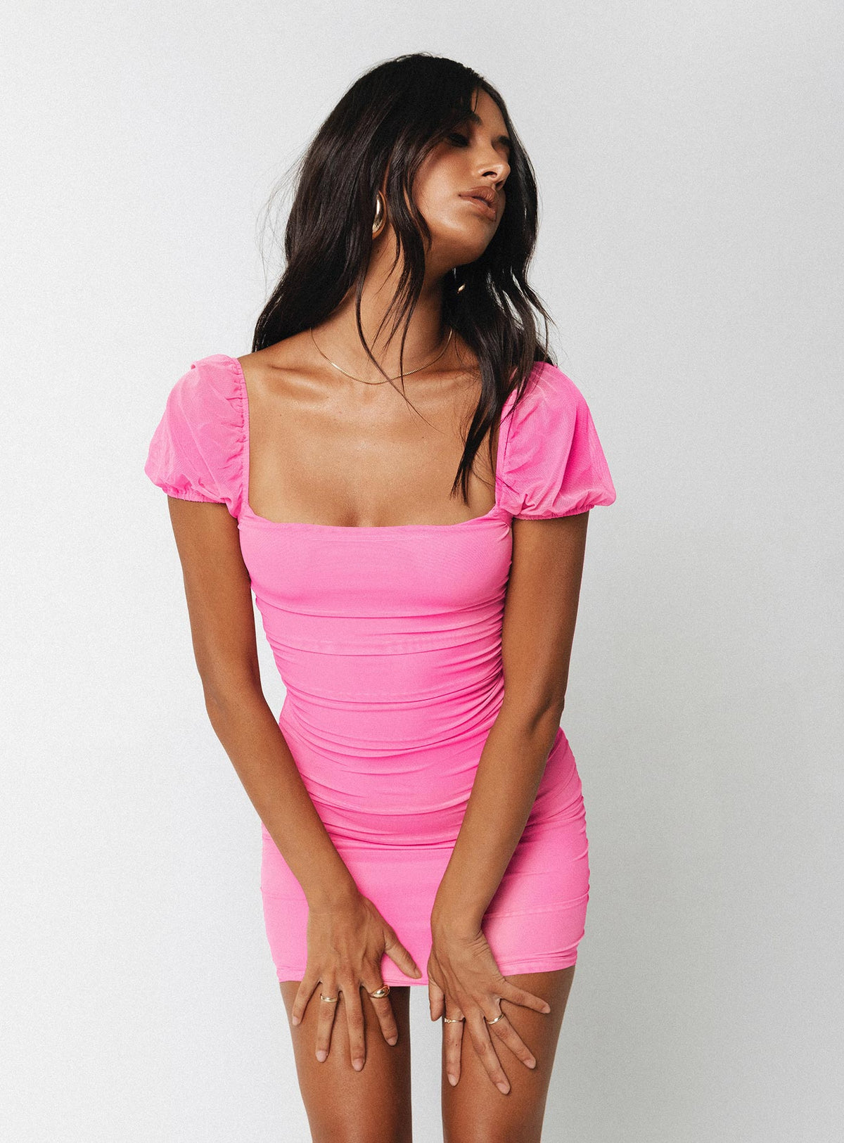 Front view of model wearing  front Princess Polly Square Neck  Charvi Mini Dress Pink