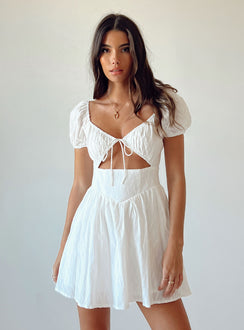 Front view of model wearing  front Princess Polly Square Neck  Caria Mini Dress White