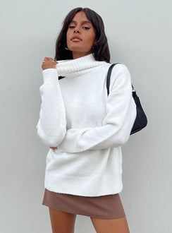 side view of model wearing Princess Polly Oswin Turtleneck Sweater White Longline Jumpers Jumpers 