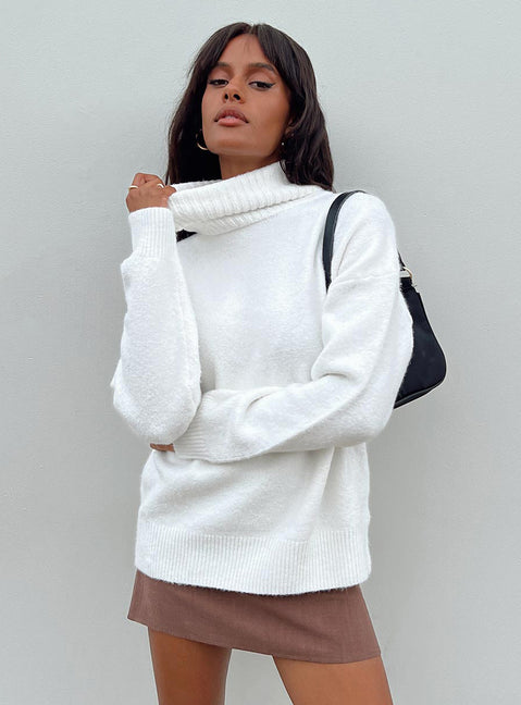 side view of model wearing Princess Polly Oswin Turtleneck Sweater White Longline Jumpers Jumpers 