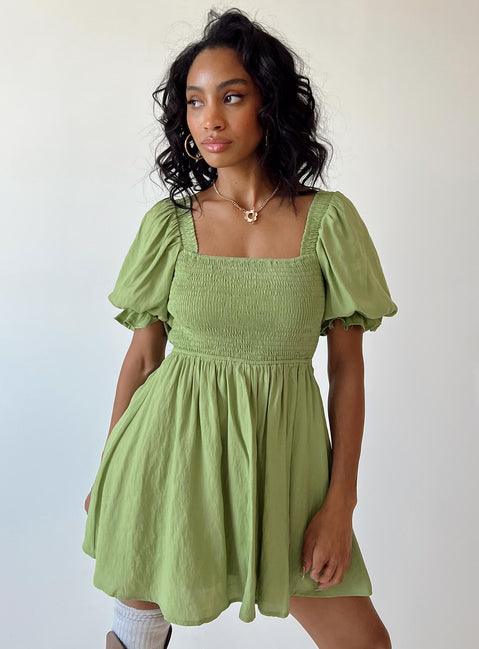 front view of model wearing Princess Polly Dani Mini Dress Green Square Neck 