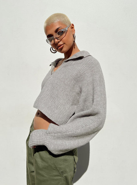 side view of model wearing Princess Polly Tiara Cropped Sweater Grey Cropped Jumpers Jumpers 