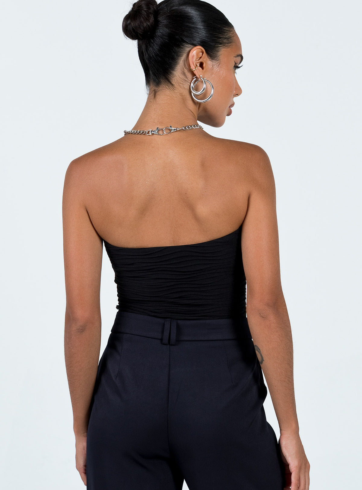 back view of model wearing Princess Polly Makena Strapless Bodysuit Black Sleeveless straight 