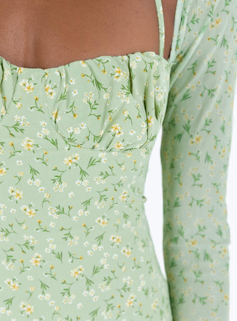 product Princess Polly Square Neck  Dyer Sheer Sleeve Mini Dress Green Floral