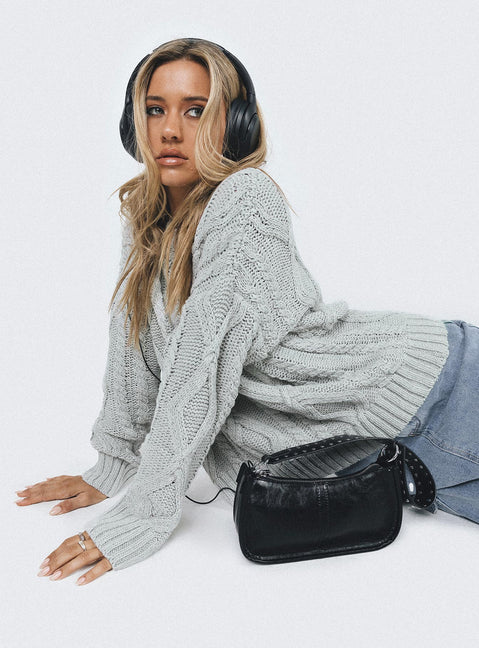 side view of model wearing Princess Polly Anaya Oversized Sweater Grey Jumpers 
