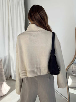 back view of model wearing Princess Polly Carrie Jane Sweater Beige Cropped Jumpers Jumpers 