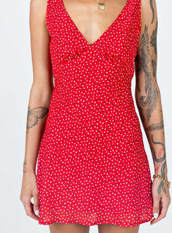 back view of model wearing Princess Polly Nellie Mini Dress Red Floral V-Neck 