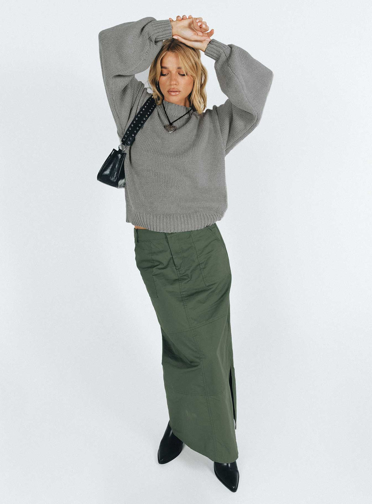 side view of model wearing Princess Polly Harmony Balloon Sleeve Knit Sweater Grey Longline Jumpers Jumpers 