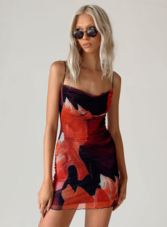 Front view of model wearing  front Princess Polly Square Neck  Sugar Mini Dress Red Multi