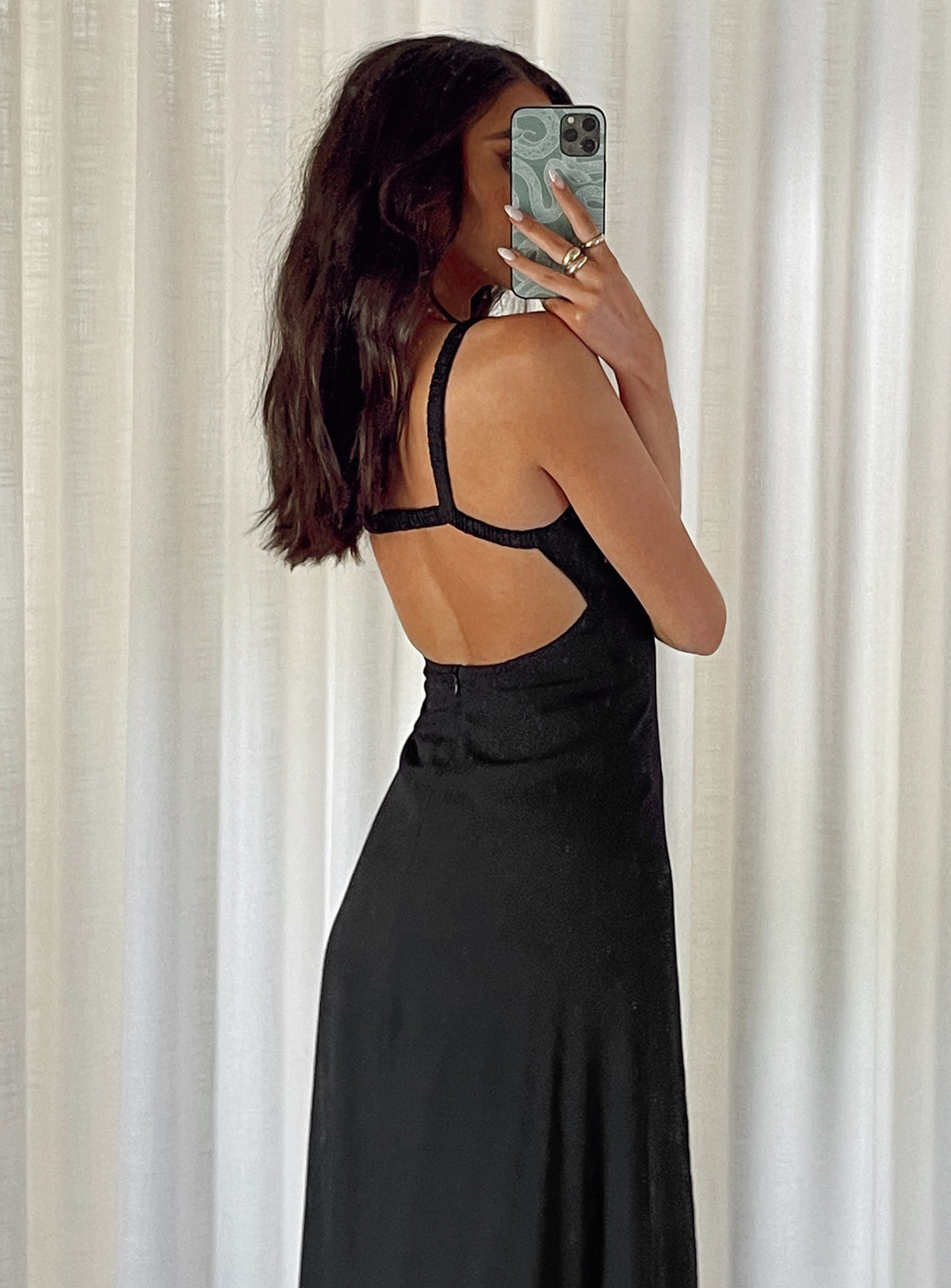 back view of model wearing Princess Polly Georgia Midi Dress Black 