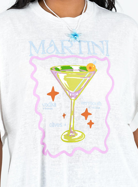 Front view of model wearing  front Princess Polly Full Sleeves High Neck  Martini Oversized Tee White
