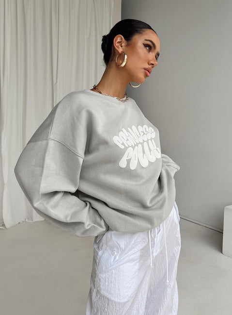 side view of model wearing Princess Polly Princess Polly Crew Neck Sweatshirt Bubble Text Grey / Cloud White Longline Jumpers Jumpers 