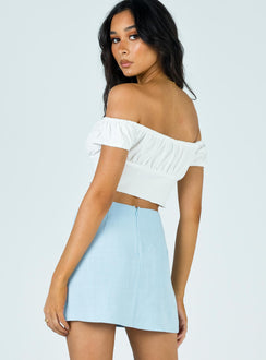 back view of model wearing Princess Polly Selby Mini Skirt Blue Skirts 