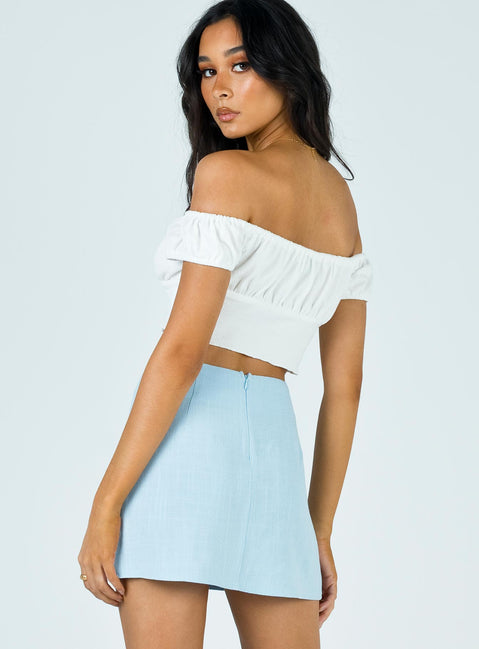 back view of model wearing Princess Polly Selby Mini Skirt Blue Skirts 