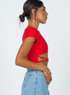 side view of model wearing Princess Polly Nicola Bodysuit Red Short Sleeve Bodysuit 