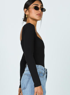 side view of model wearing Princess Polly Charlotte Bodysuit Black Long Sleeve Tops Bodysuit 