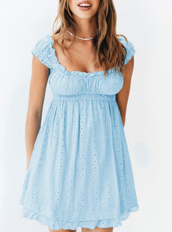 Front view of model wearing  front Princess Polly Square Neck  Carlita Mini Dress Blue