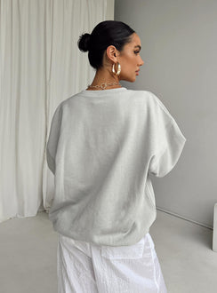 back view of model wearing Princess Polly Princess Polly Crew Neck Sweatshirt Bubble Text Grey / Cloud White Longline Jumpers Jumpers 