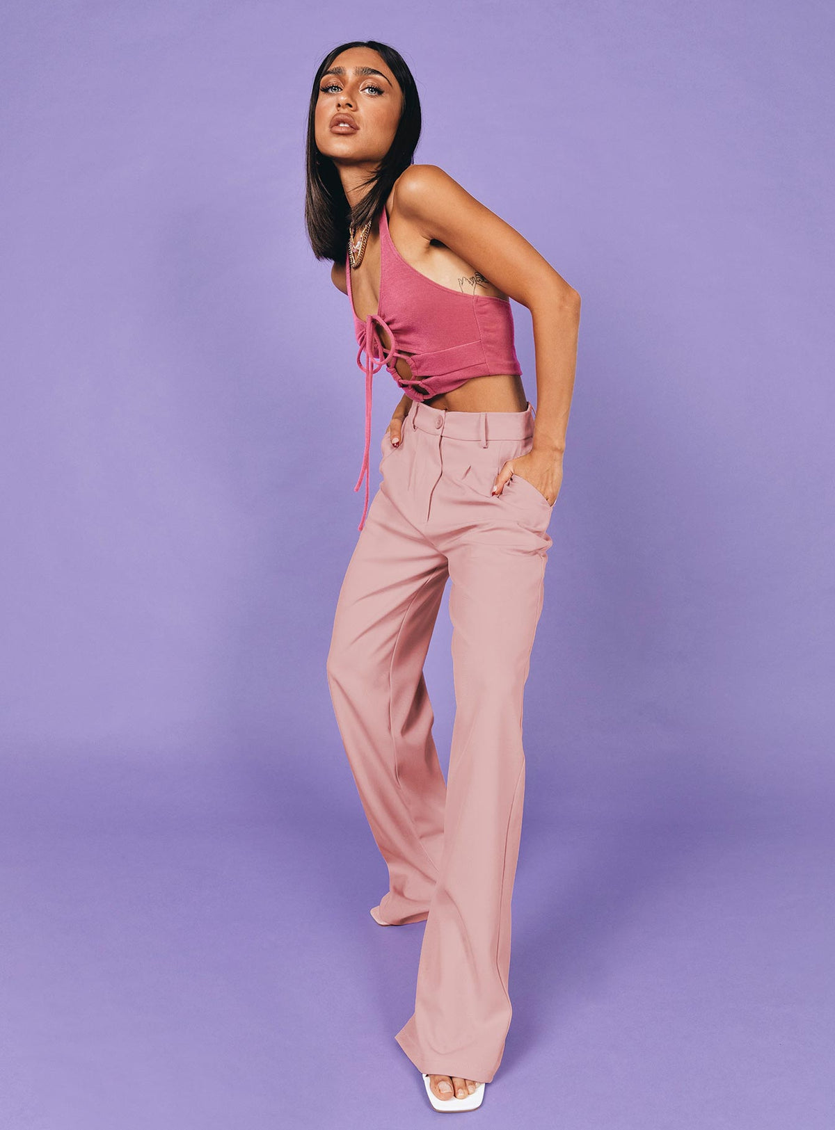 back view of model wearing Princess Polly Archer Pants Pink Pants 