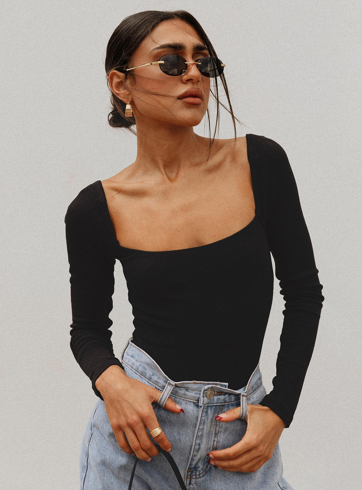 back view of model wearing Princess Polly Charlotte Bodysuit Black Long Sleeve Tops Bodysuit 
