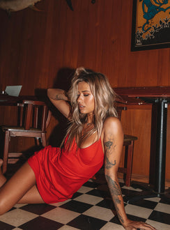 back view of model wearing Princess Polly Novella Mini Dress Red 