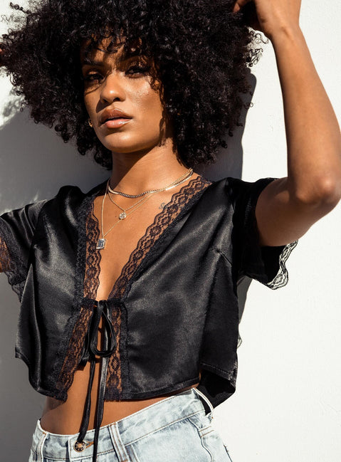 front view of model wearing Princess Polly Vintage Tie Up Top Black 