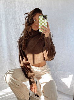 front view of model wearing Princess Polly Zahara Cropped Turtleneck Sweater Brown Cropped Jumpers Jumpers 
