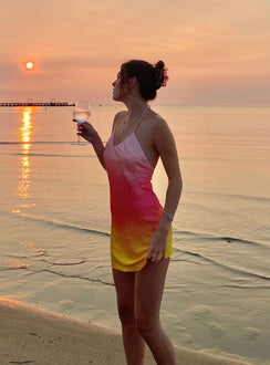 side view of model wearing Princess Polly Sunset Mini Dress Pink Multi 